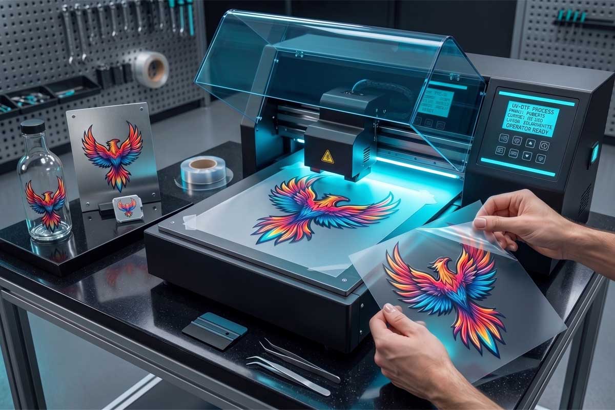 Tiskanje UV DTF naljepnica – UV DTF printer s plavim UV osvjetljenjem, gotove naljepnice na foliji i primjena na staklo i boce, dtfX.hr